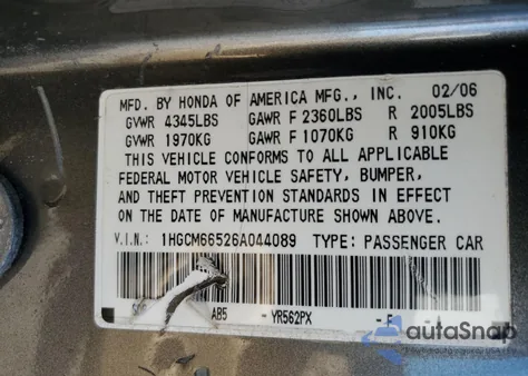 2006 Honda Accord Ex из США, поврежденный, VIN 1HGCM66526A044089